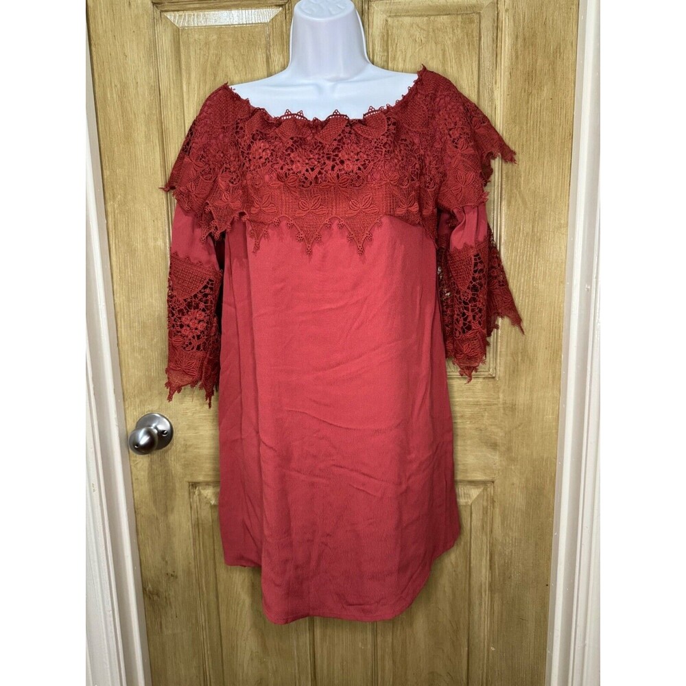 Shyanne Dress Womens XS Maroon Lace Western Shift Boho Dress